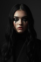 Dramatic portrait of a woman with black makeup tears