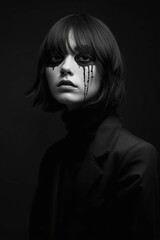 Melancholic black and white portrait with dark tears