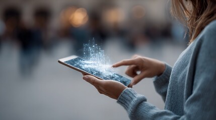 A person interacts with a digital representation of a city on a tablet device