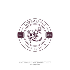 Circular emblem with skull anchor and roses in vintage style on white background