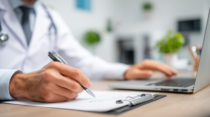 Fototapeta premium Doctor writing notes next to a laptop symbolizing clinical documentation responsible care decisions and the partnership between medicine and technology 
