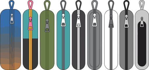 Front view vector illustration of various colorful and minimal zip pencil cases for school, stationery, student supplies, and storage design