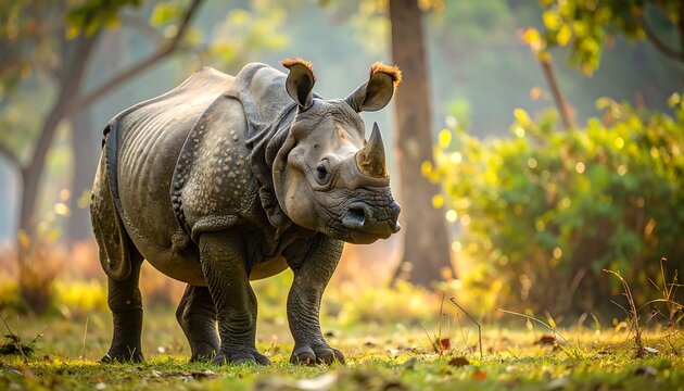 Rhinoceros in a forest clearing