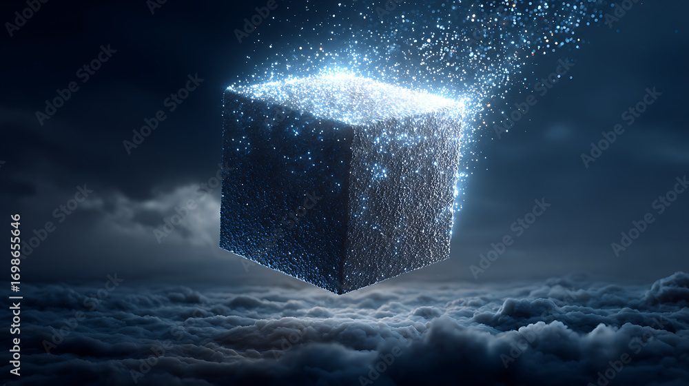 Poster floating parcel glowing with sparkling particles on dark cloudy backdrop symbolizing delivery innova