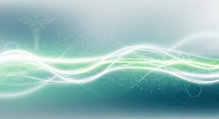 Medical caduceus symbol with DNA and circuit patterns. Healthcare technology concept for medicine, wellness, and genetic research.