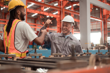 Senior engineers and young man workers are talking and inspecting machines on a production line