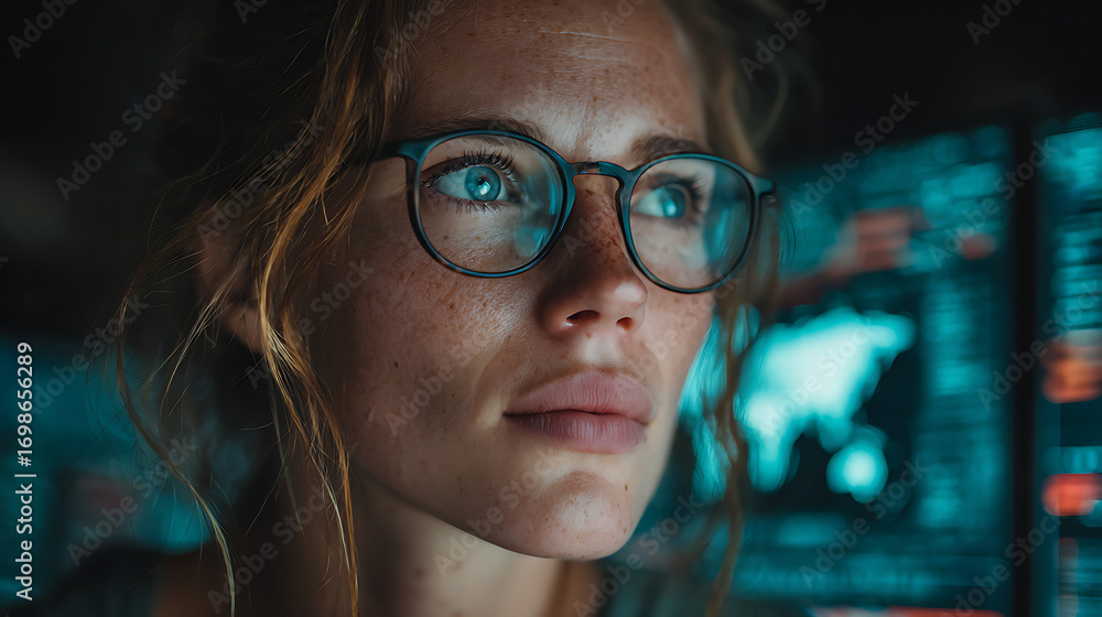 Poster professional woman focused on digital screens displaying data and globe symbolizing technology innov