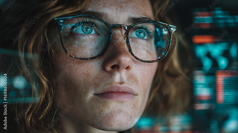 Poster professional woman focused on digital screens displaying data and globe symbolizing technology innov