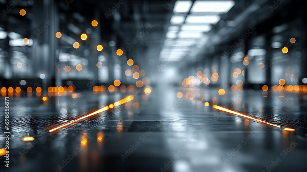 Poster futuristic industrial architecture with glowing lines soft bokeh lights showcasing digital technolog