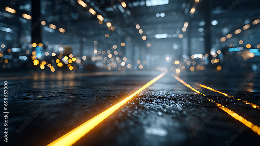 Poster futuristic industrial architecture with glowing lines soft bokeh lights showcasing digital technolog
