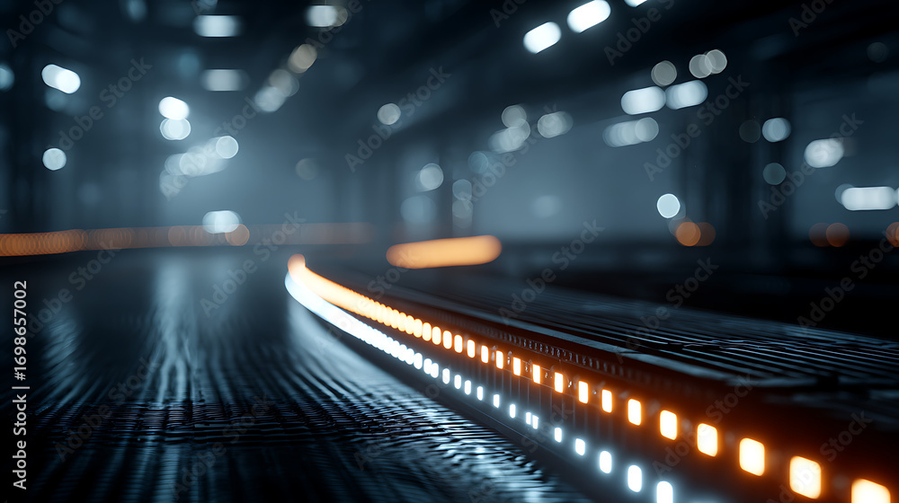 Poster futuristic industrial architecture with glowing lines soft bokeh lights showcasing digital technolog