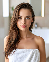 Retrato de mujer joven guapa con piel cuidada y sonrisa tenue envuelta en toalla blanca tras la ducha con cabello mojado en actitud serena símbolo de belleza natural autocuidado bienestar