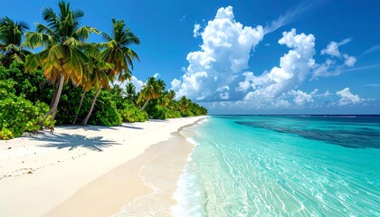 Naklejka premium Tropical paradise. Palm trees frame white sand beach, turquoise water meeting blue sky with fluffy clouds