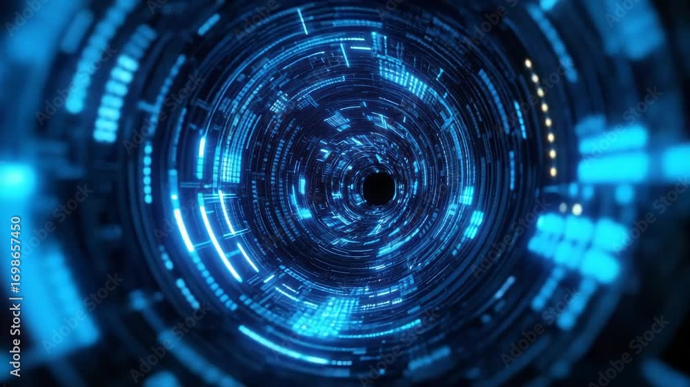 Aufkleber abstract blue digital tunnel with glowing lines and futuristic circuit board patterns, representing 