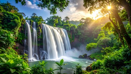 Naklejka premium Lush waterfall cascading through a vibrant jungle