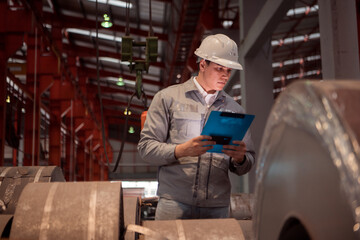 Industrial worker inspecting inside a large metal tube in a factory wearing safety helmet