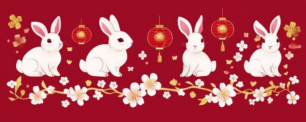 A modern flat-style illustration featuring 2023 Lunar New Year elements, including paper cut rabbit silhouettes, flowers, lanterns, and Chinese text, on a gold and red background with Happy New Year