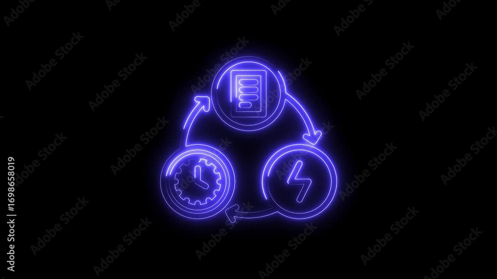 Poster glowing neon cycle process with time,document,and power icons on black background