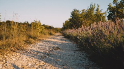 Minimal rural path through lavender fields with golden sunlight glowing, high-resolution natural lifestyle photo.