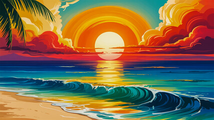 A digital art illustration of a vibrant sunset over a tropical ocean