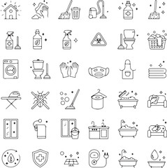Household cleaning tools and supplies icon set
