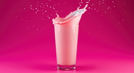 Strawberry milk splashes from a glass against a vibrant pink backdrop with sparkling white drops creating a refreshing and delicious visual