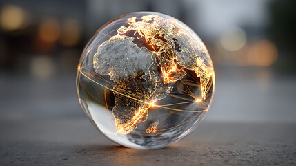 glowing glass sphere with continents connected by network lines highlighting digital technology connectivity global communication innovation and data visualization