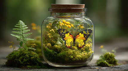 serene moment of butterfly perched on green moss in glass jar surrounded by ferns capturing natural beauty macro wildlife delicate flora and environment