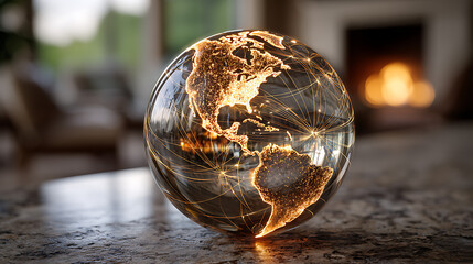 glowing glass sphere with continents connected by network lines highlighting digital technology connectivity global communication innovation and data visualization