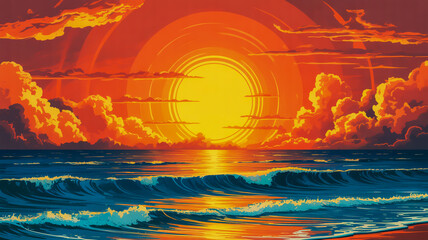 A digital art illustration of a vibrant sunset over a tropical ocean