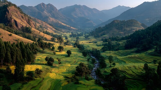Mountain Valley Vista: A stunning panoramic view unfolds, showcasing rolling green hills and majestic mountains under a clear, open sky. Lush vegetation, a winding stream.