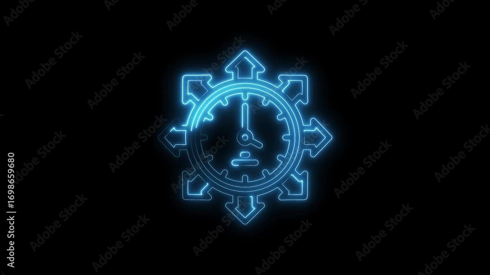 Poster neon clock with arrow elements animated icon on black background time management concept