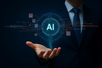 Businessman Holding AI Chip Hologram Artificial Intelligence Technology Concept.