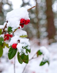 Red berries covered in snow on a wintry branch