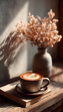 Coffee Ritual and Serene Still Life: A steaming cup of latte art graces a weathered wooden surface alongside a vintage book and a vase of delicate dried flowers.