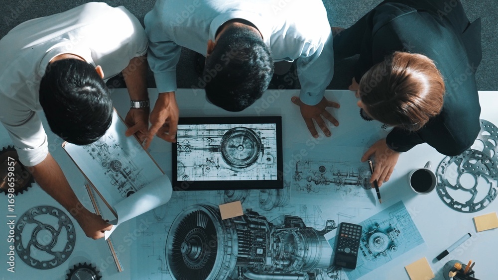 Poster top down view of skilled engineer working together while looking at jet engine. aerial view of smart