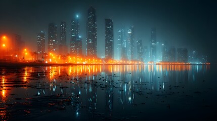 Fototapeta premium Cityscape at Dusk: A breathtaking vista of a modern city silhouette comes alive with the glow of the setting sun, its lights dancing and reflecting on the water.