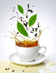 Splash of tea leaves into a cup