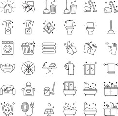 Household cleaning tools and supplies icon set for organization and design
