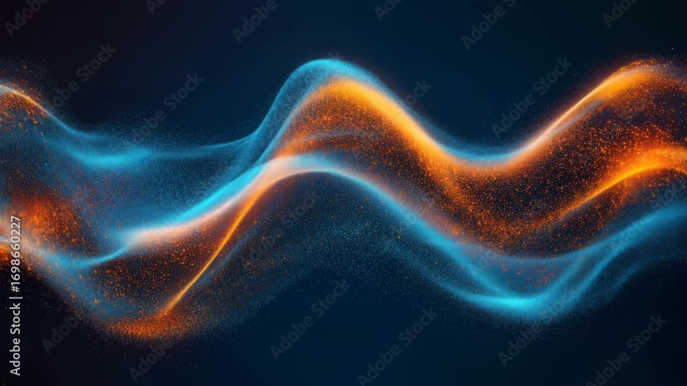 Poster abstract flowing waves of blue and orange light particles create a dynamic and energetic futuristic 