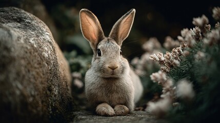 Fototapeta premium An adorable rabbit posing gracefully amidst natural flora, a serene wildlife portrait