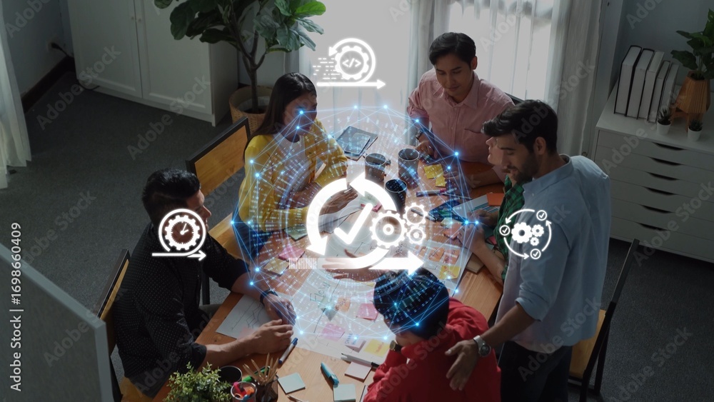 Poster a diverse group of professionals collaborates in a modern office, utilizing digital tools for brains