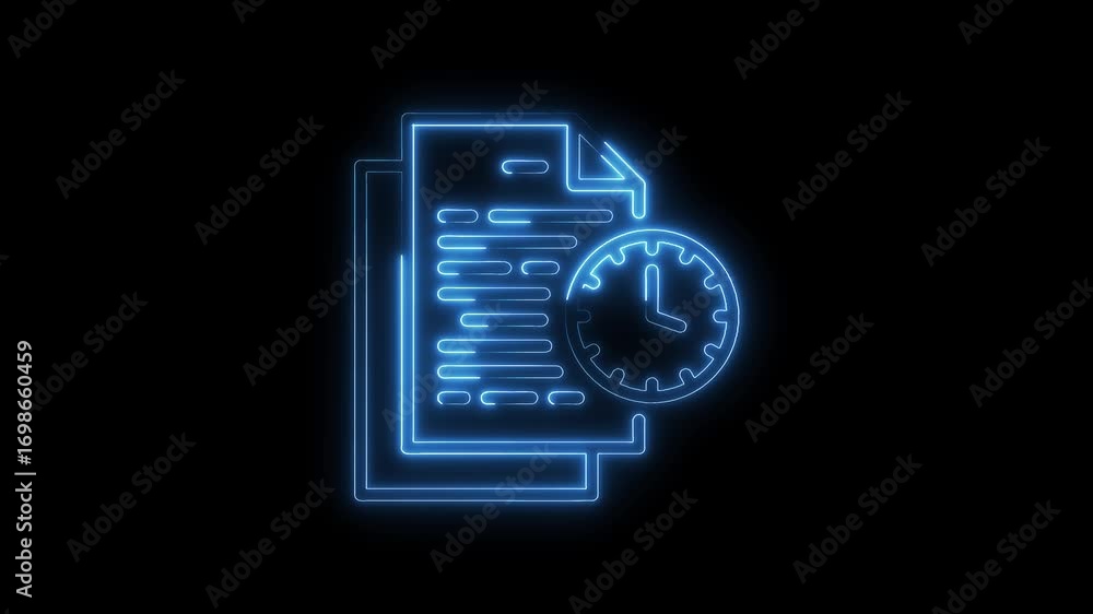 Poster neon style document and clock icon animation deadline reminder concept graphic