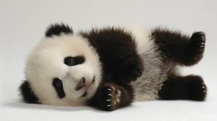   A black-and-white panda bear lies on its back, with its paws on its back and eyes wide open