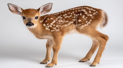   Baby deer on white floor near spotted adult deer