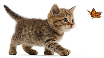 Obraz premium A small kitten standing beside a butterfly against a white background, with a subtle butterfly silhouette behind it