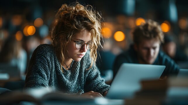 Focused Student with Laptop: A diligent student engrossed in her work, illuminated by the soft glow of a laptop screen. captures a moment of concentrated learning.