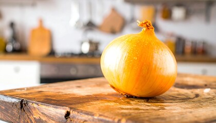 Yellow onion on rustic wooden board in a bright kitchen