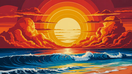 A digital art illustration of a vibrant sunset over a tropical ocean