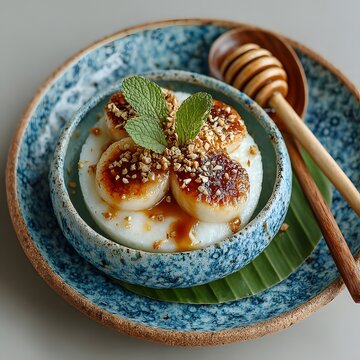 Gourmet Dish with Dessert: A top-down perspective showcasing an artfully composed dish with caramelized banana, atop a creamy base, garnished with fresh mint and chopped nuts.